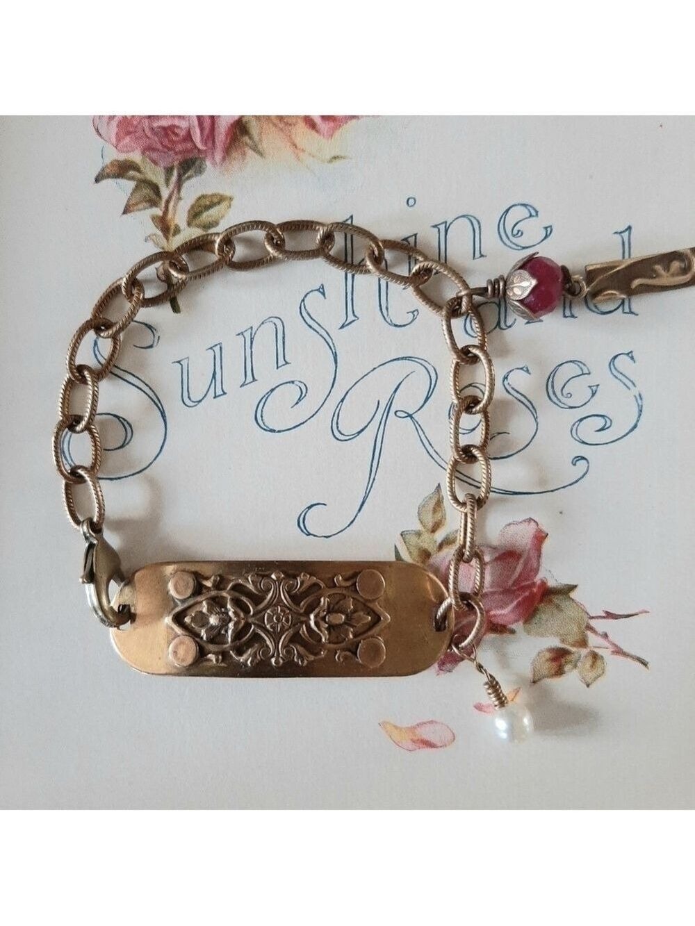 Handmade Brass Floral Etched Chain Charm Bracelet